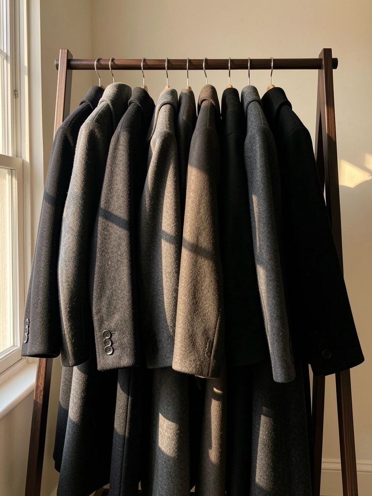 Carrinho de roupas de madeira escura com casacos e jaquetas de lã em tons de cinza e preto, luz natural filtrada e tecidos levemente balançando.