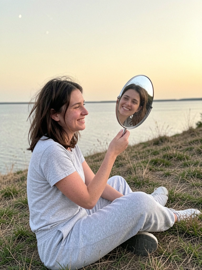 Mulher sorrindo enquanto se olha no espelho