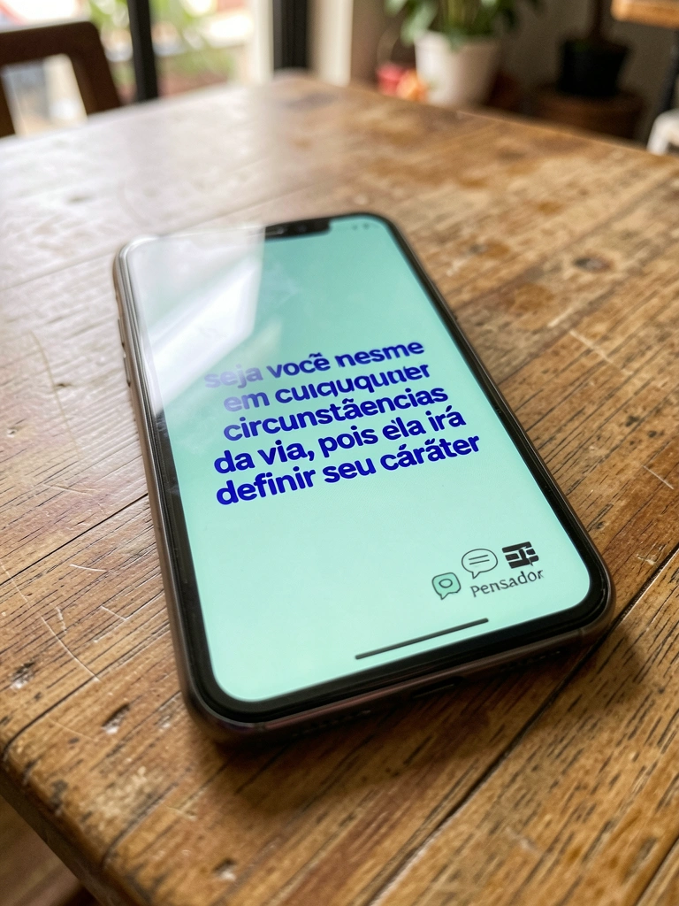 Smartphone exibindo frase motivacional na tela, apoiado sobre superfície clara