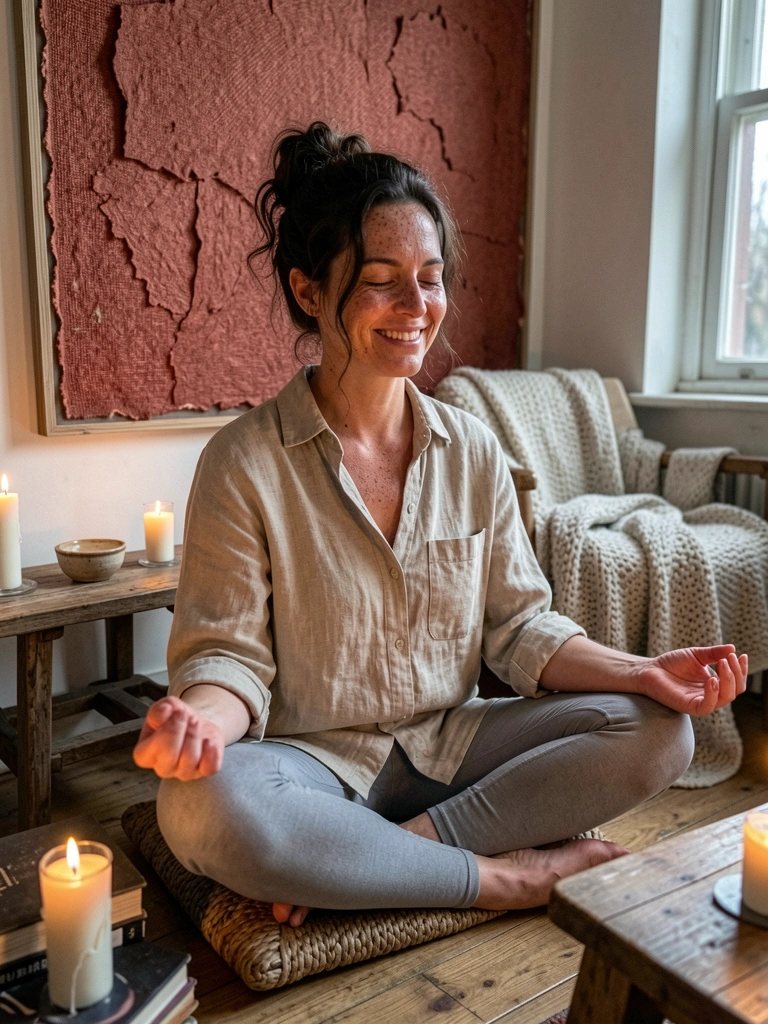 Pessoa sentada de pernas cruzadas meditando em um ambiente escuro iluminado por velas