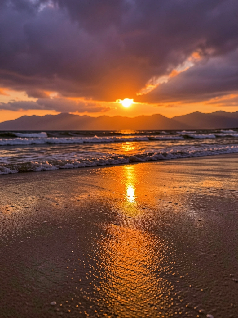 Reflexo do sol poente na areia molhada, ondas quebrando e montanhas ao fundo sob nuvens alaranjadas e roxas.