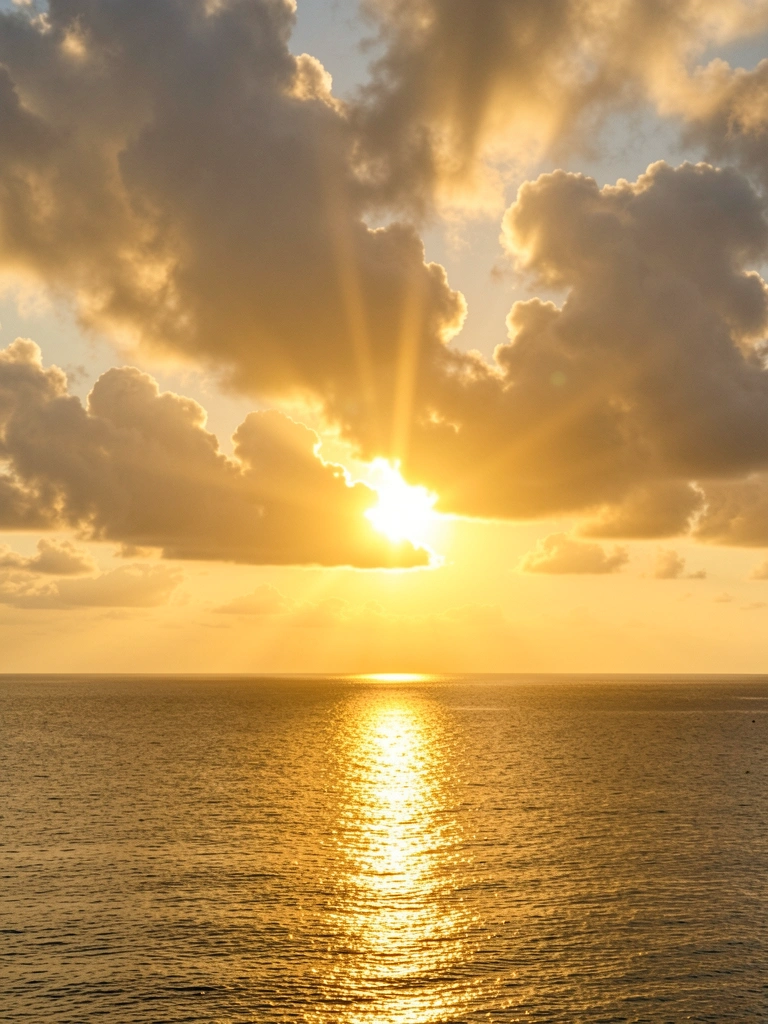 Sol poente dourado entre nuvens espessas, raios refletidos no mar calmo, horizonte baixo.