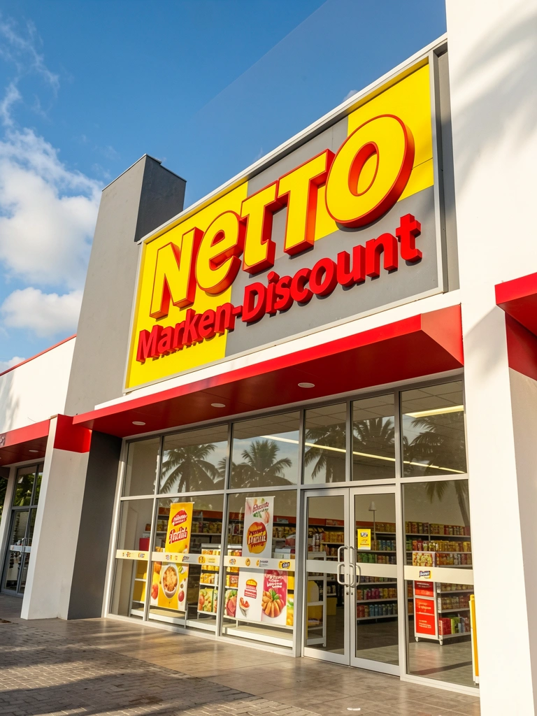 Fachada da Netto Marken-Discount em amarelo e vermelho, com grandes janelas e céu azul com nuvens, luz natural intensa.