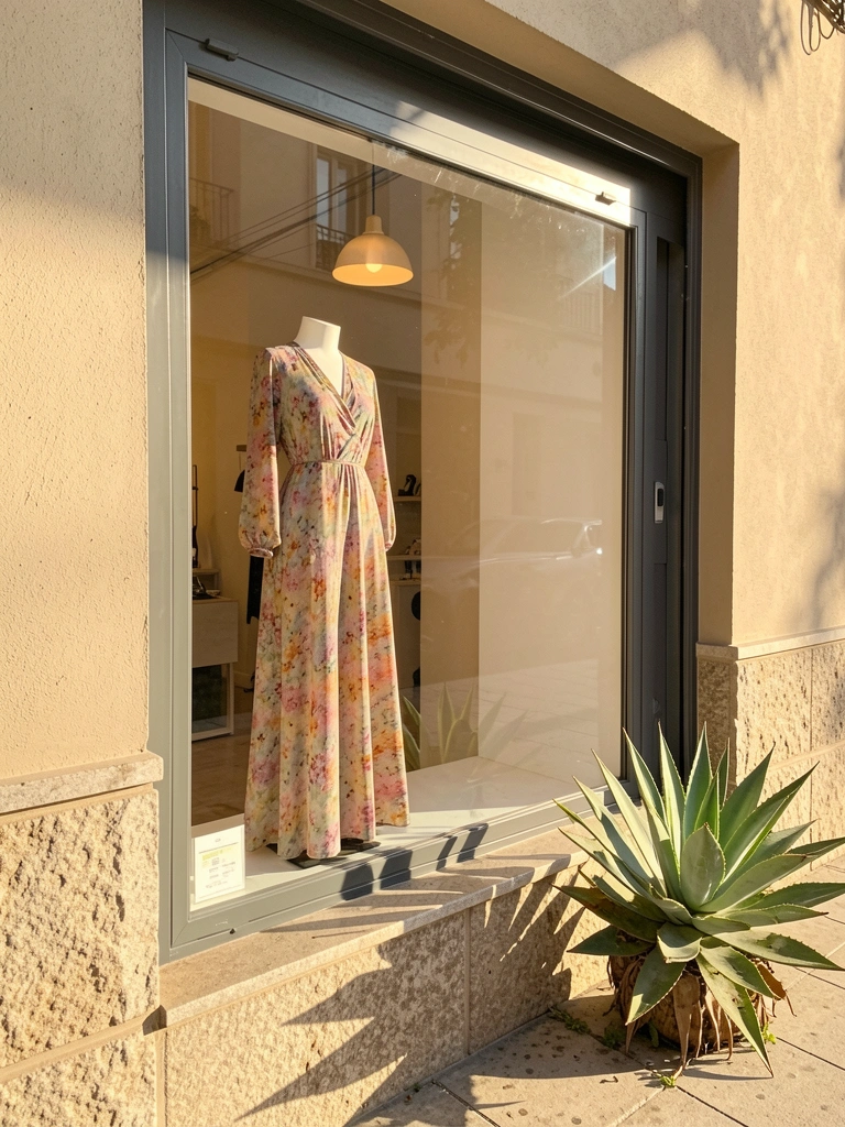 Manequim com vestido floral fluido em vitrine de loja, com luz quente interna e planta agave na calçada ensolarada.