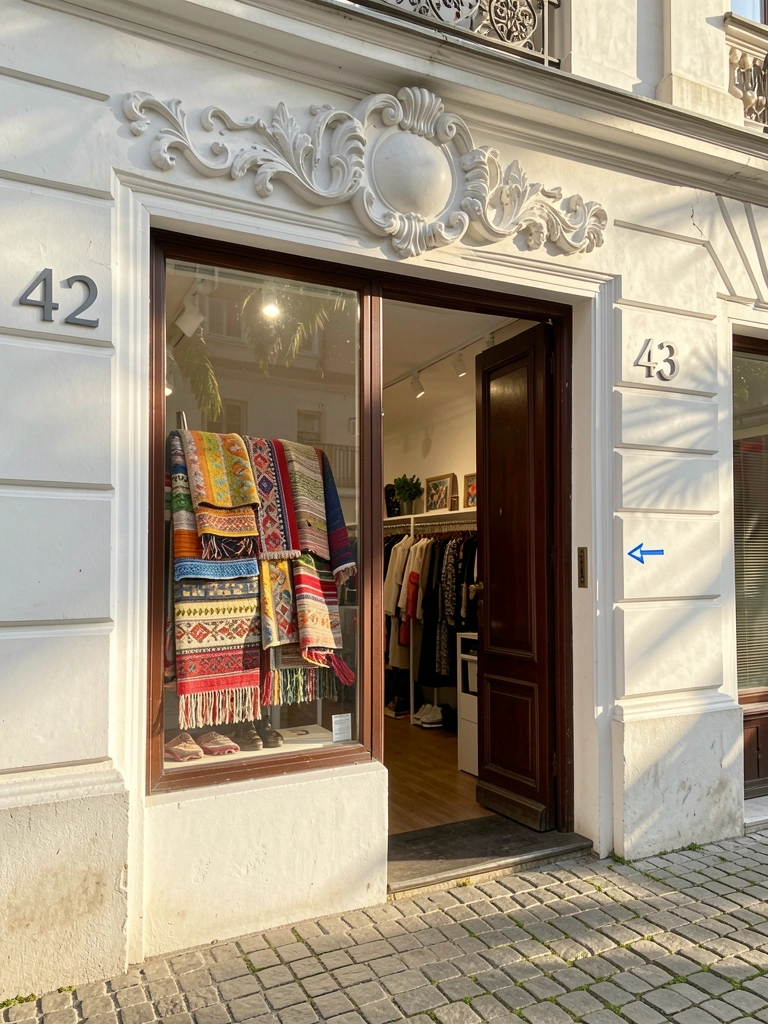 Fachada branca com relevo decorativo, vitrine de tecidos coloridos e porta de madeira entreaberta, sob luz natural que destaca texturas e paralelepípedos.