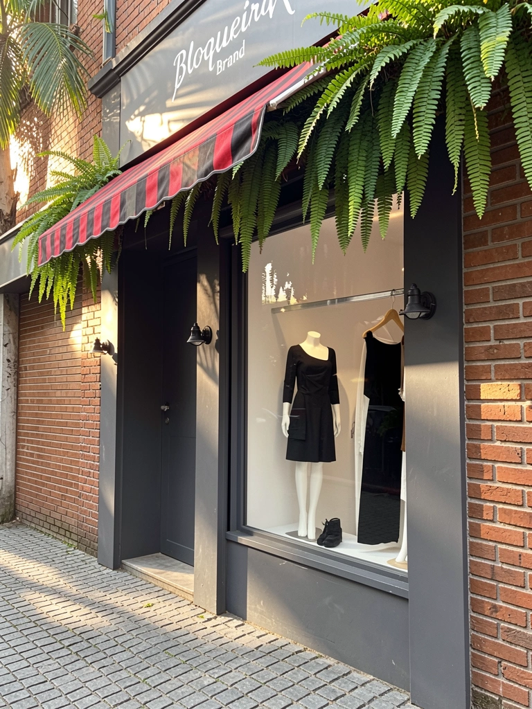 Fachada de tijolos aparentes e cinza escuro com samambaias penduradas na marquise, vitrine exibindo manequim de preto e branco, calçada de paralelepípedos e toldo listrado vermelho e preto.