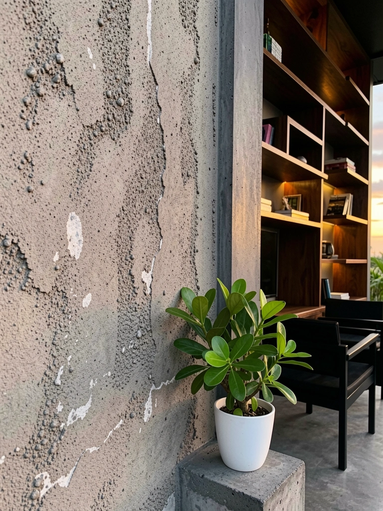 Textura granulada de cimento queimado com moldura de concreto cinza escuro, prateleira de madeira escura com planta verde em vaso branco, luz difusa do entardecer.