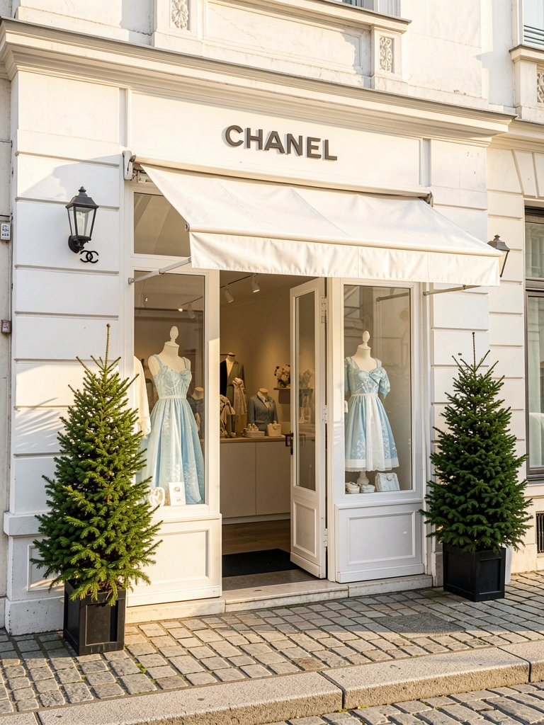 Fachada branca com toldo e vitrine da CHANEL, manequins em azul claro e branco, árvores verdes ladeando a entrada, calçada de paralelepípedos sob luz natural.