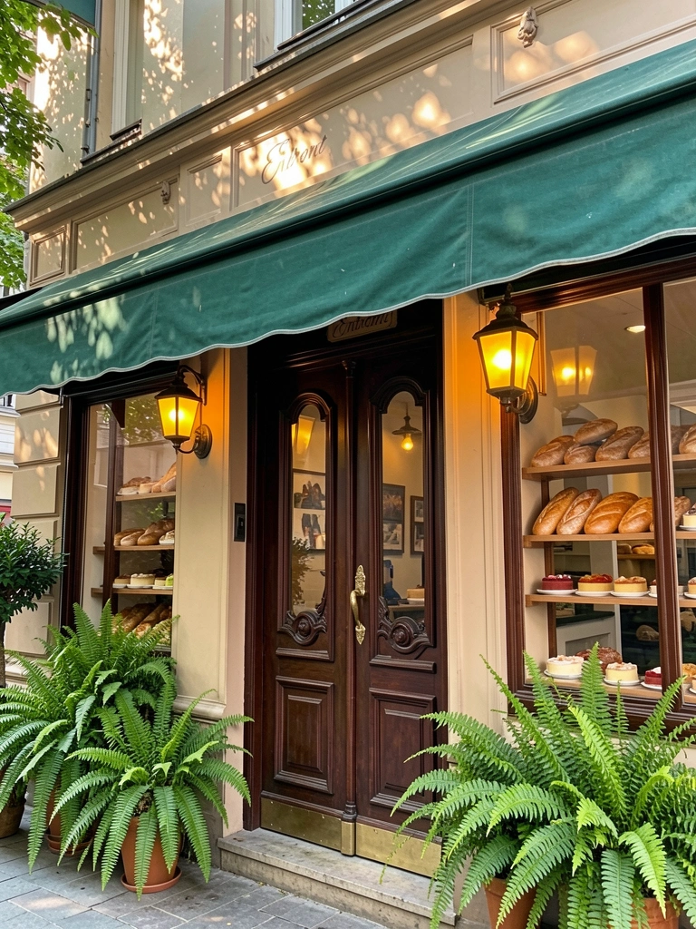 Fachada de café com toldo verde escuro, portas de madeira esculpida e vasos de samambaia ladeando a entrada iluminada por lanternas amarelas.