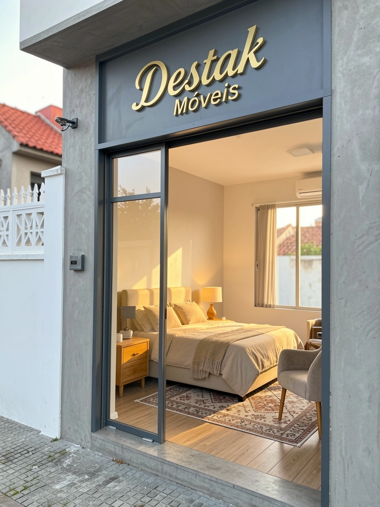 Fachada de concreto cinza com entrada de vidro e logotipo 