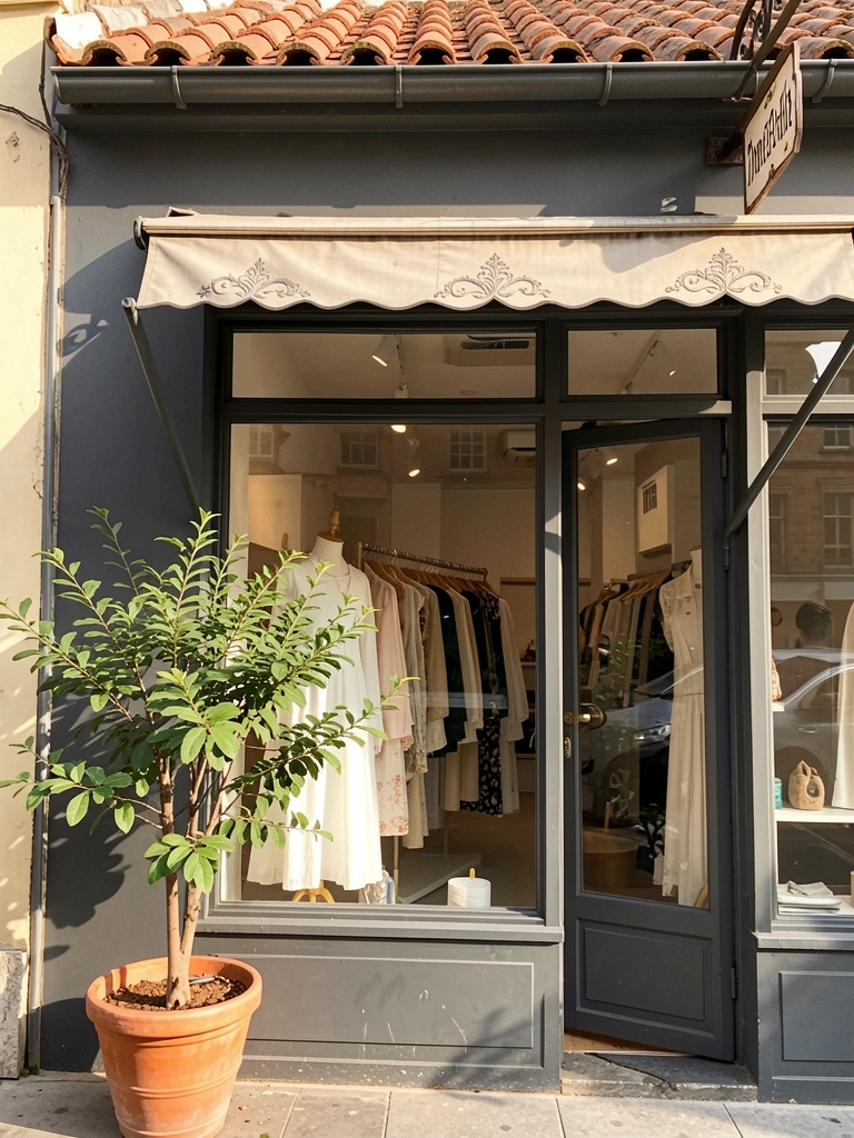 Fachada cinza escuro com vitrine grande, toldo listrado e vaso de terracota com planta à esquerda; manequim com vestido branco dentro da loja, luz natural aquecendo a cena.