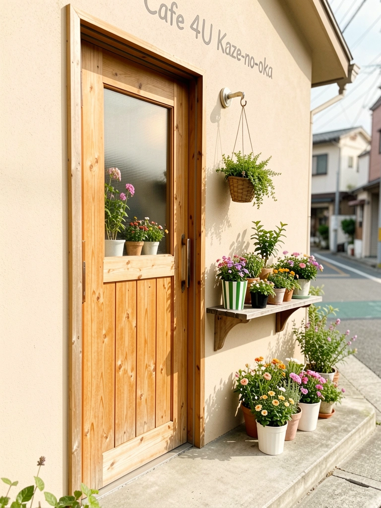 Porta de madeira com vidro fosco e vasos floridos, varal de plantas pendurado, luz natural e calçada de concreto.