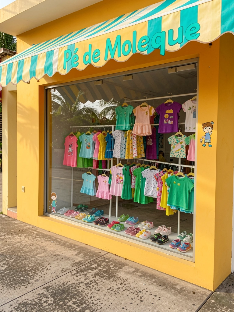 Vitrine amarela com toldo listrado e letreiro turquesa 