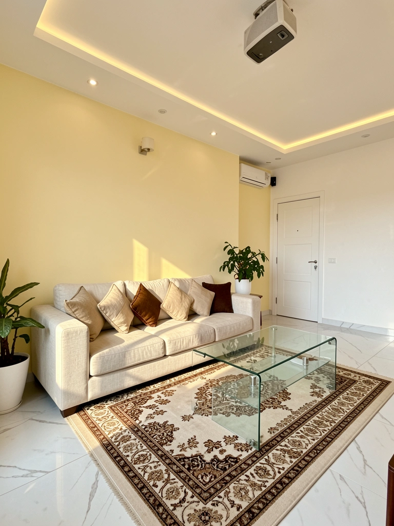 Sofá claro com almofadas bege e marrom, tapete padronizado sobre mármore branco, mesa de centro de vidro e planta em vaso branco sob luz natural.