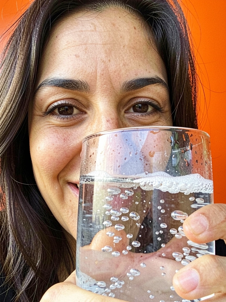 Bolhas de CO2 sobem em um copo transparente de água com gás.