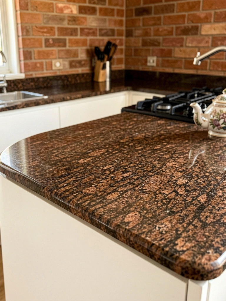 Granito imperial marrom com fogão preto e chaleira decorativa sobre balcão branco, luz natural difusa e parede de tijolos avermelhados ao fundo.