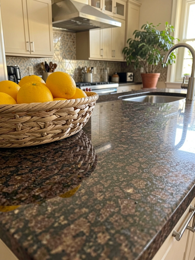 Bancada de granito escuro com cesta de laranjas, pia de inox e coifa moderna sob luz natural difusa.