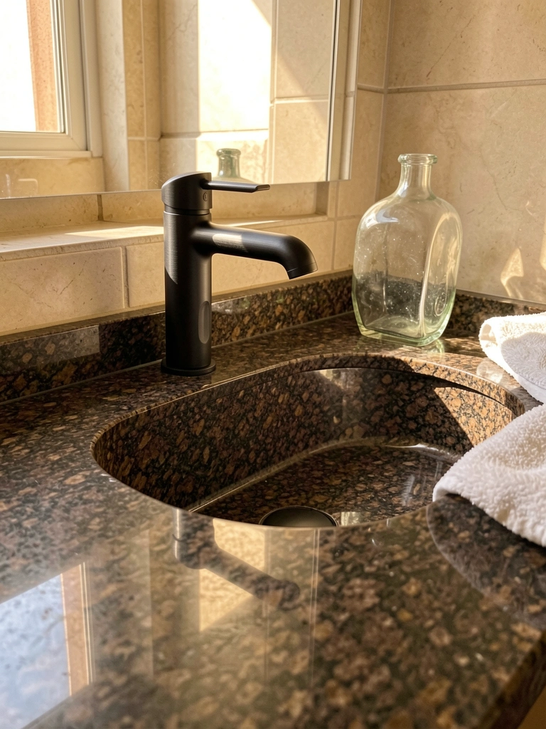 Pia de granito escuro com textura salpicada, torneira preta fosca e frasco decorativo, luz natural do banheiro.