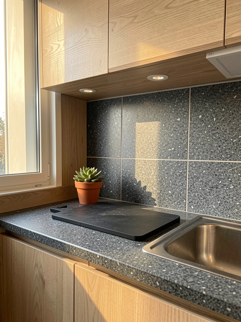 Luz natural incide sobre bancada de cozinha com backsplash de azulejo cinza-escuro, armário de madeira clara e pia de aço inox; tábua preta e vaso de terracota com suculenta compõem a cena.
