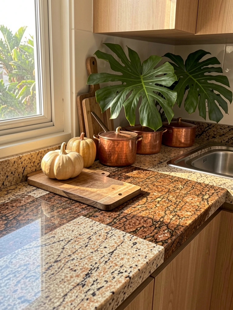Bancada de granito marrom com abóboras de cerâmica, utensílios de cobre e planta verde, luz natural destacando texturas.