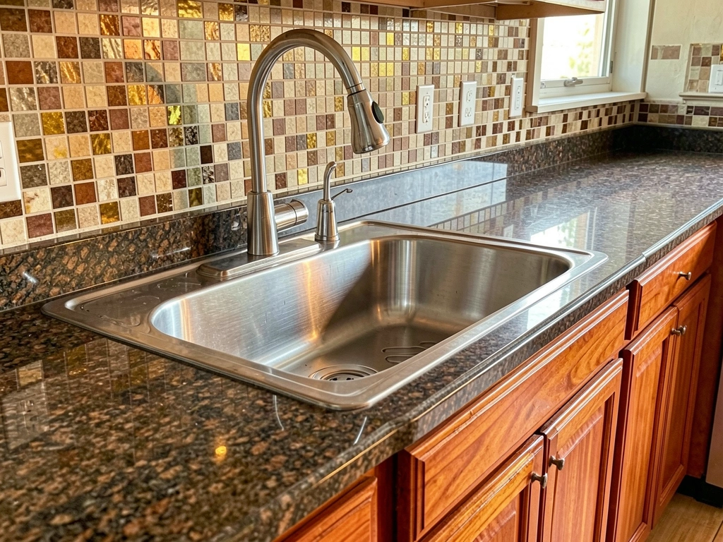 Bancada de granito marrom escuro com pia de aço inoxidável e torneira articulada, backsplash de mosaico em tons terrosos e armário de madeira avermelhada ao lado.