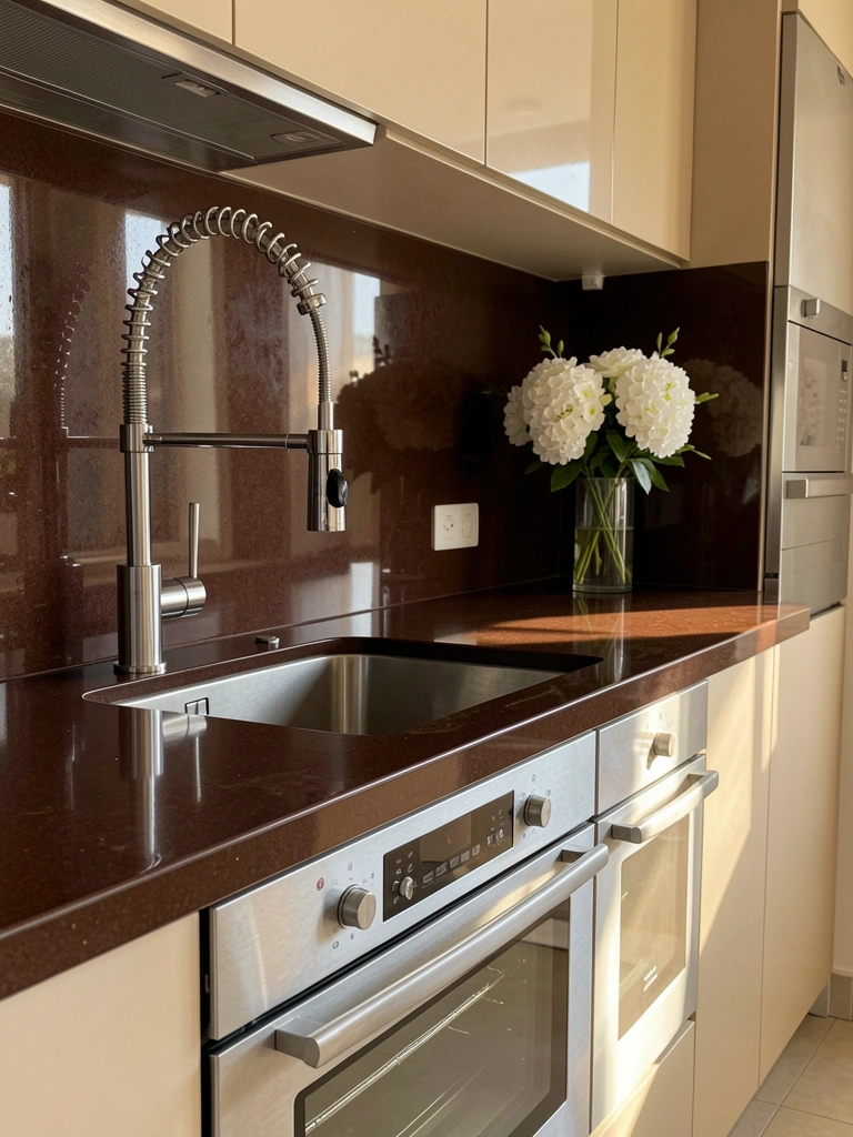 Bancada de cozinha marrom escura polida com torneira flexível de aço inoxidável e forno duplo prateado escovado, vaso com flores brancas e luz natural.