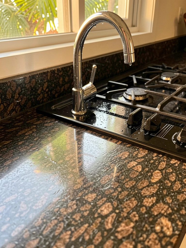 Bancada de granito marrom-escuro com pia cromada e cooktop preto, luz natural quente refletindo na pedra.