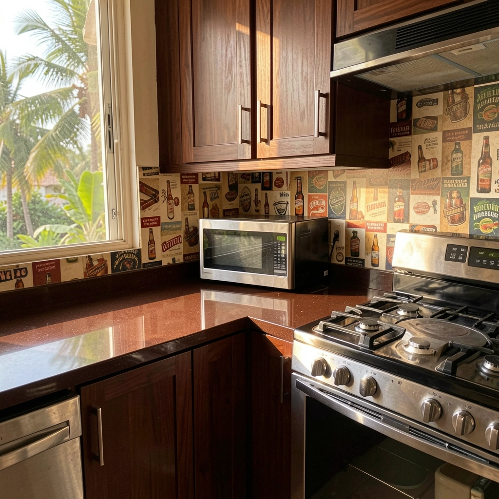 Armários marrom-escuros com bancada preta brilhante, fogão e micro-ondas de aço inoxidável, backsplash com anúncios de cerveja vintage, luz natural do dia.