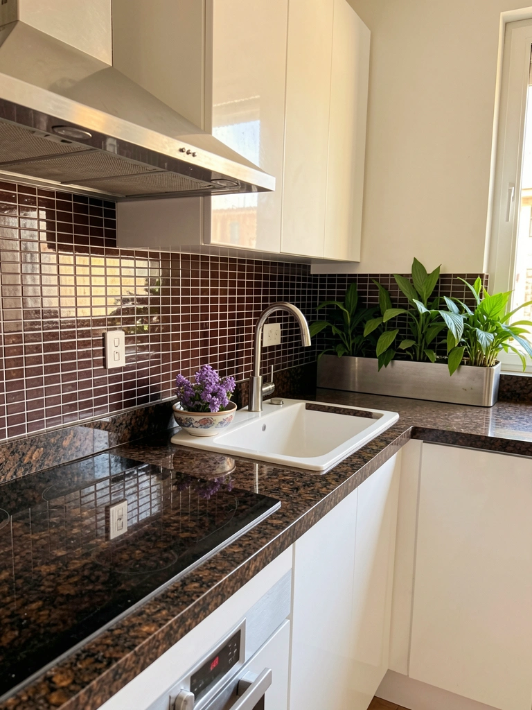 Bancada de granito marrom escuro com pia branca, coifa de aço inox e flores roxas em vaso, luz natural e plantas verdes ao fundo.