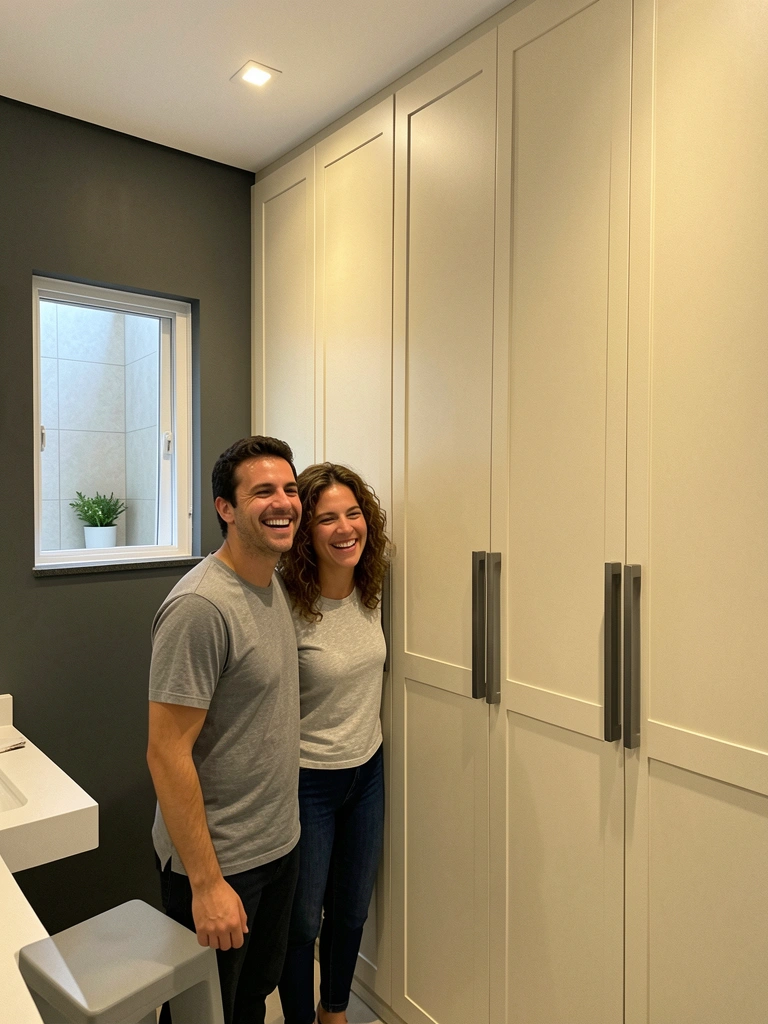 Casal ao lado de guarda-roupa provençal com portas brancas e puxadores de metal