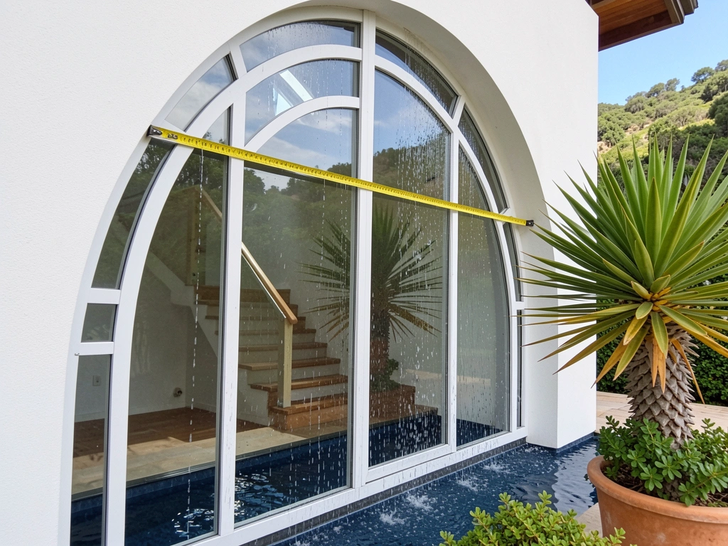 Fita métrica esticada sobre janela em arco, com marcações visíveis