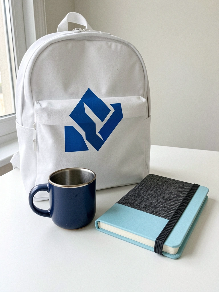Caneca branca, caderno de capa dura e mochila preta com logotipo empresarial sobre mesa de madeira.