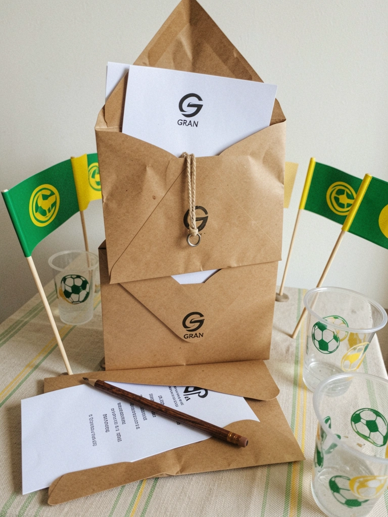 Mesa decorada com bandeirinhas coloridas, copos e toalha temática de futebol.