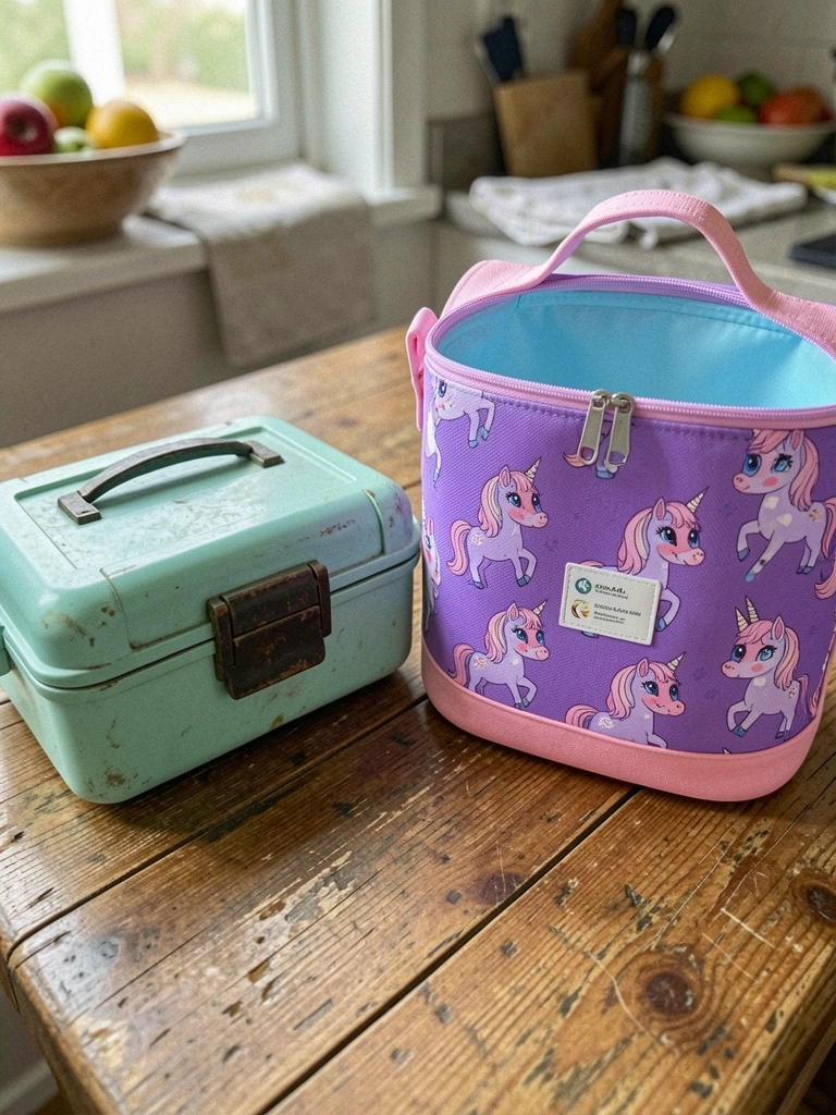 Lancheira infantil feminina de plástico rosa ao lado de uma lancheira térmica moderna com alça