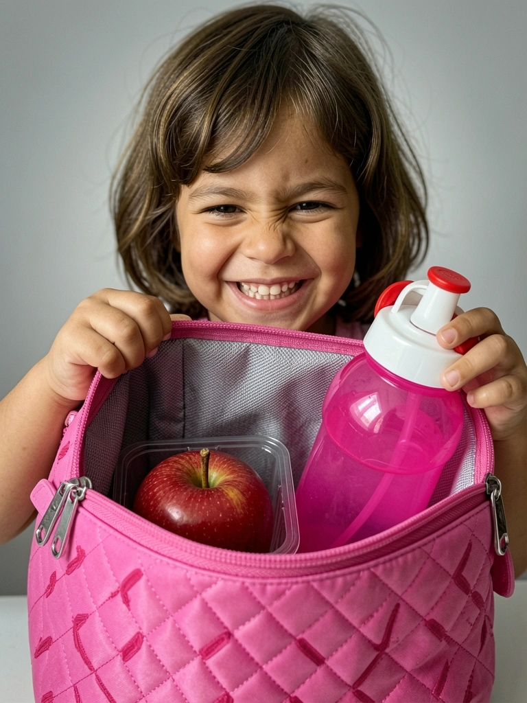 Criança sorridente abrindo lancheira com frutas e sanduíche coloridos