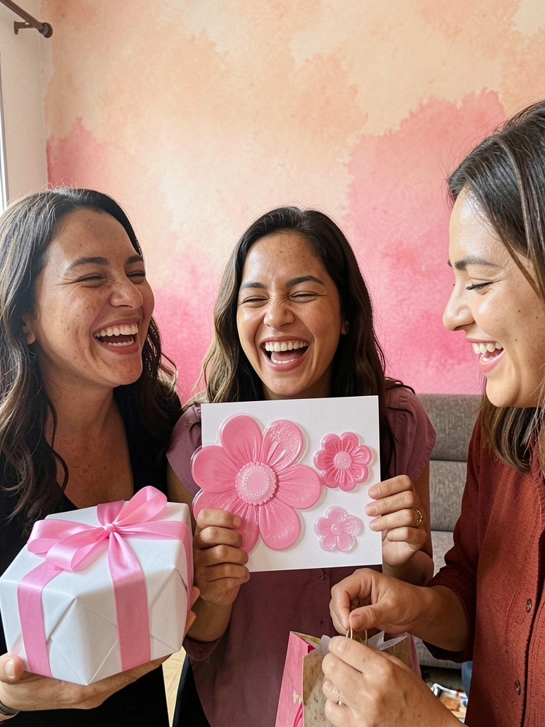Mulheres sorrindo ao receberem presentes em clima de festa
