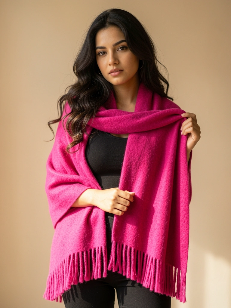 Mulher com caxemira rosa pink franjada sobre ombros, blusa preta, fundo bege neutro, luz natural suave.