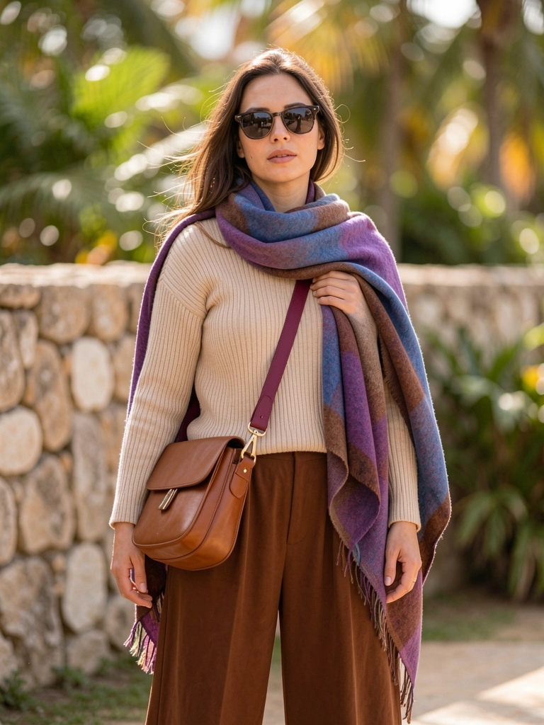 Mulher com suéter bege, calça marrom, lenço colorido e bolsa de couro, fundo desfocado com parede de pedra e verde, luz natural.