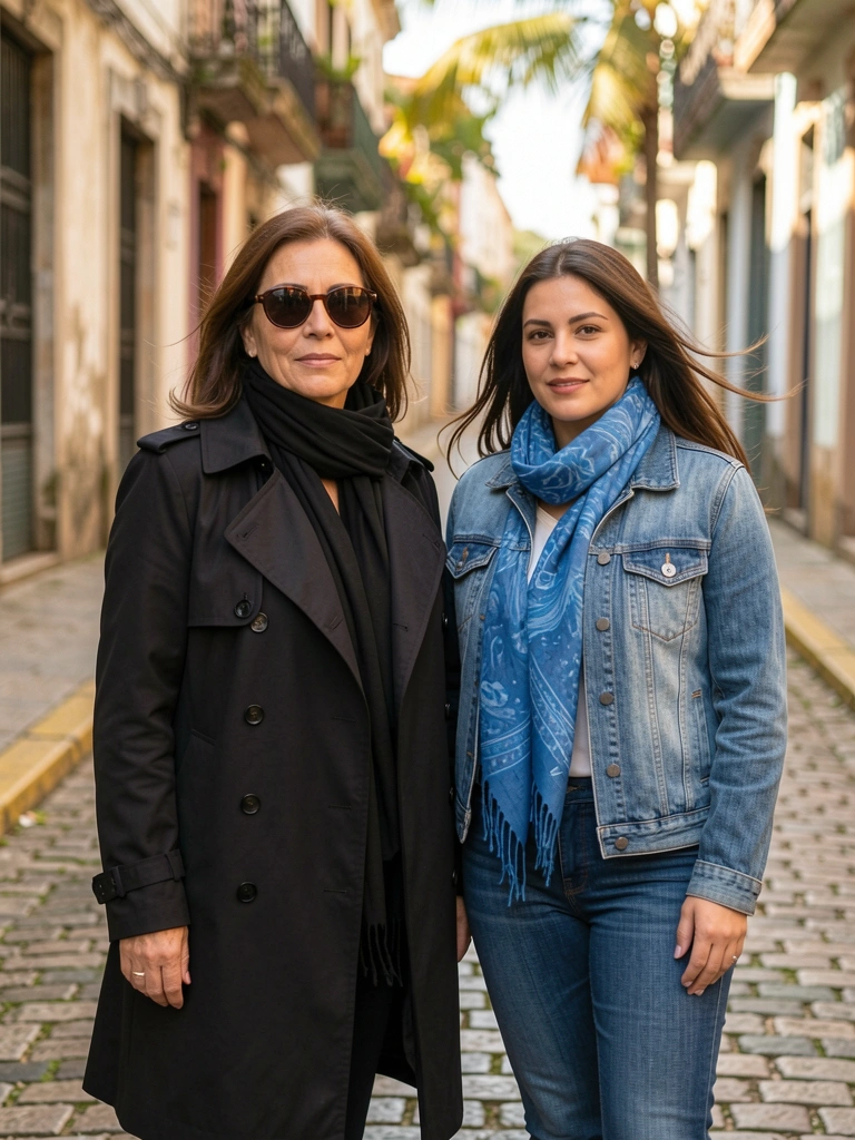 Duas mulheres na calçada de paralelepípedos: uma de trench coat preto com cachecol azul, outra de jaqueta jeans com cachecol azul; luz natural e prédios desfocados ao fundo.