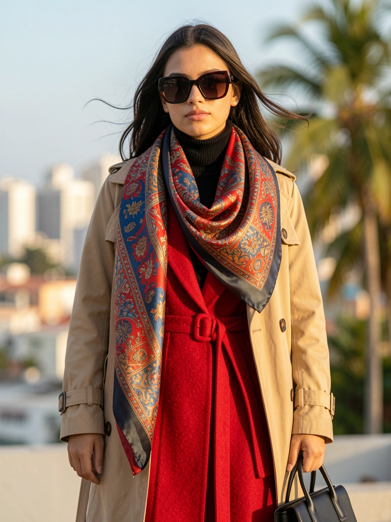 Mulher com lenço de seda vermelho, azul e dourado, gola alta preta, vestido vermelho longo, trench coat bege e óculos escuros, fundo urbano desfocado com luz natural.