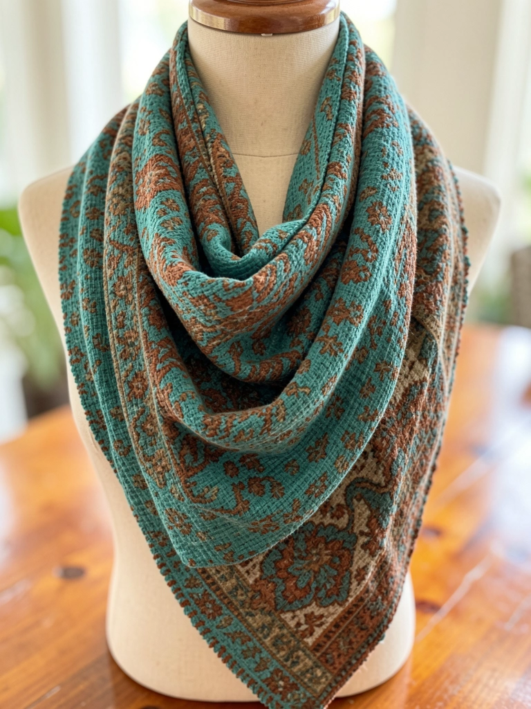 Cachecol artesanal em teal, marrom e ferrugem com estampa floral vintage, drapeado em manequim, fundo de mesa de madeira com luz difusa.