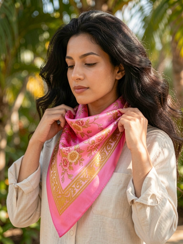 Lenço de seda rosa vibrante com padrão floral e dourado, drapeado sobre camisa de linho clara, luz natural suave e fundo desfocado com luz salpicada.