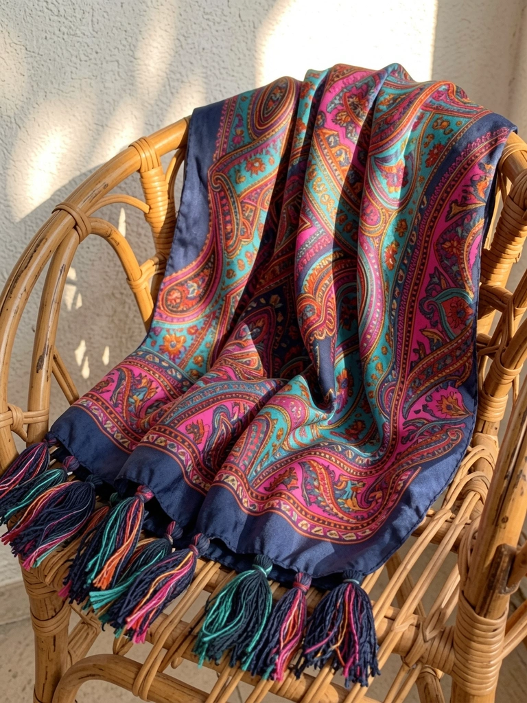 Lenço de seda azul-marinho com estampa paisley colorida e franjas, sobre cadeira de vime em sala iluminada por luz solar tropical.