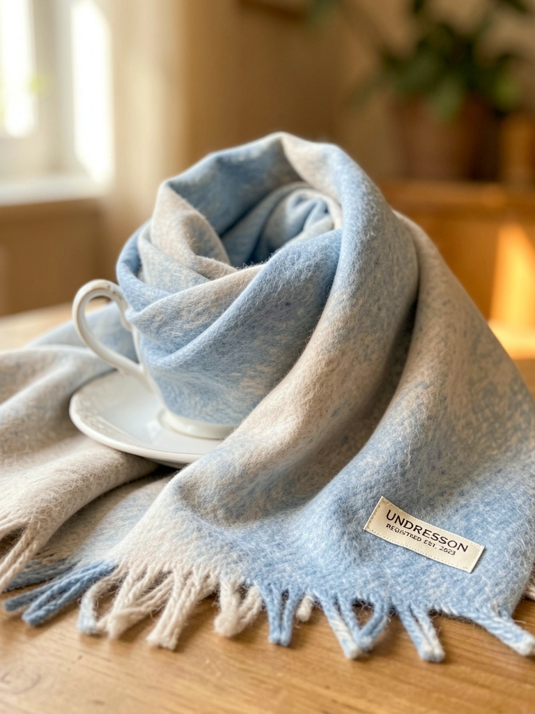 Cachecol de cashmere azul claro e bege com franjas sobre xícara e pires de porcelana branca, luz natural difusa.