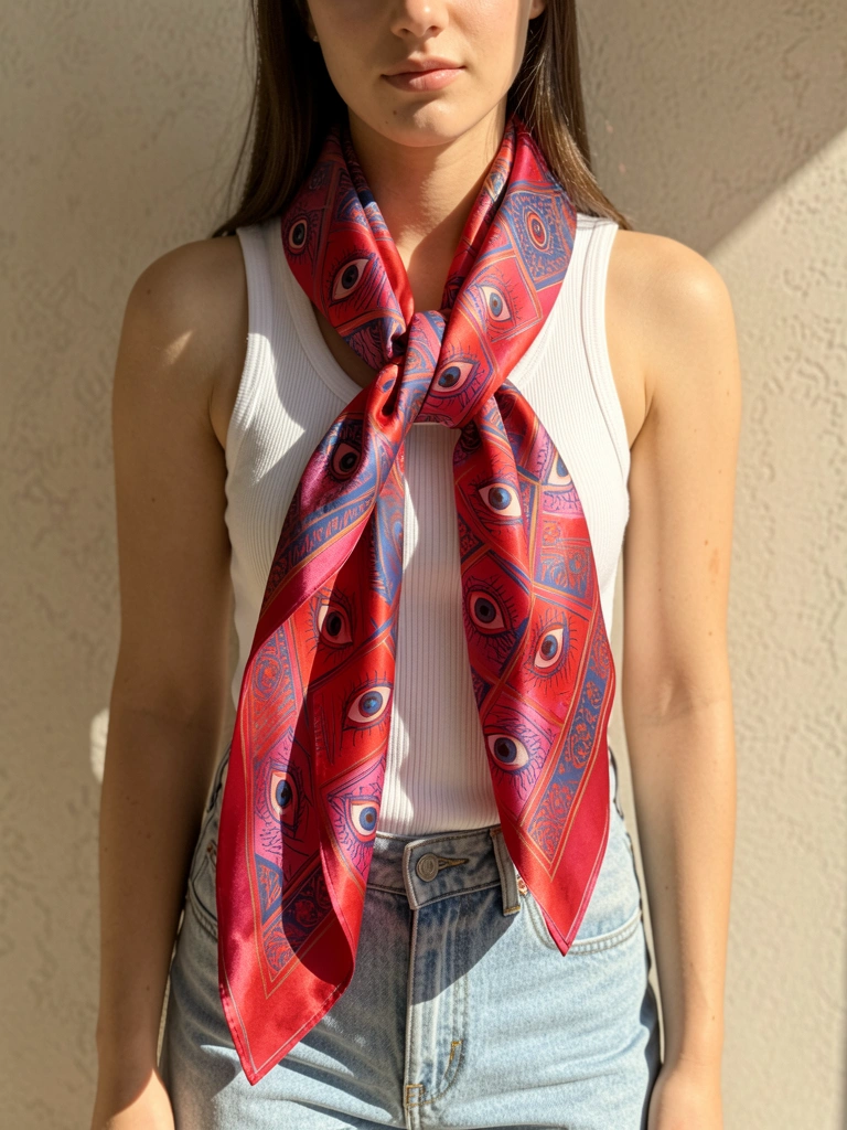 Jovem com lenço de seda vermelho e rosa com olhos estampados, jeans azul claro e parede texturizada, luz natural.