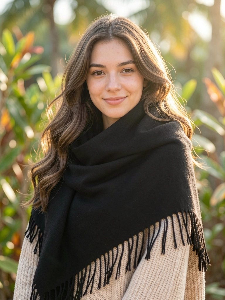Jovem com pashmina preta de franjas sobre suéter bege, luz natural e folhagem desfocada ao fundo.