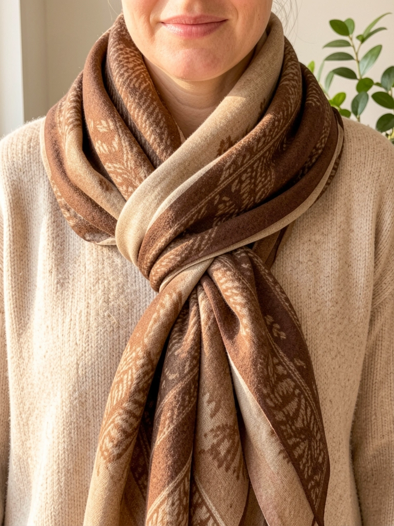 Pashmina marrom e bege com padrões intrincados sobre suéter claro, planta verde ao fundo, luz natural suave.