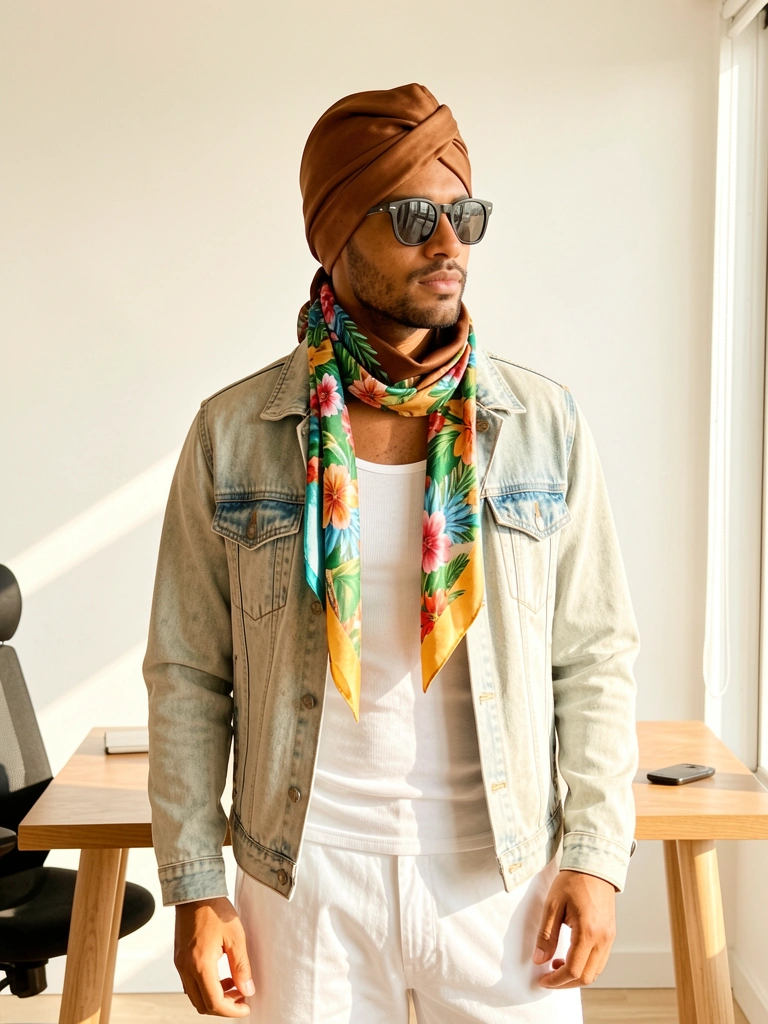 Homem com lenço de seda marrom na cabeça e óculos escuros, jaqueta jeans clara e cachecol floral, em escritório claro com mesa de madeira e luz natural.