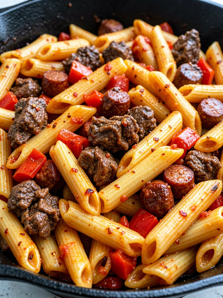 Panela de ferro preta com penne ao molho de tomate picante, pedaços de carne e calabresa, pimenta calabresa visível, luz natural destacando texturas.