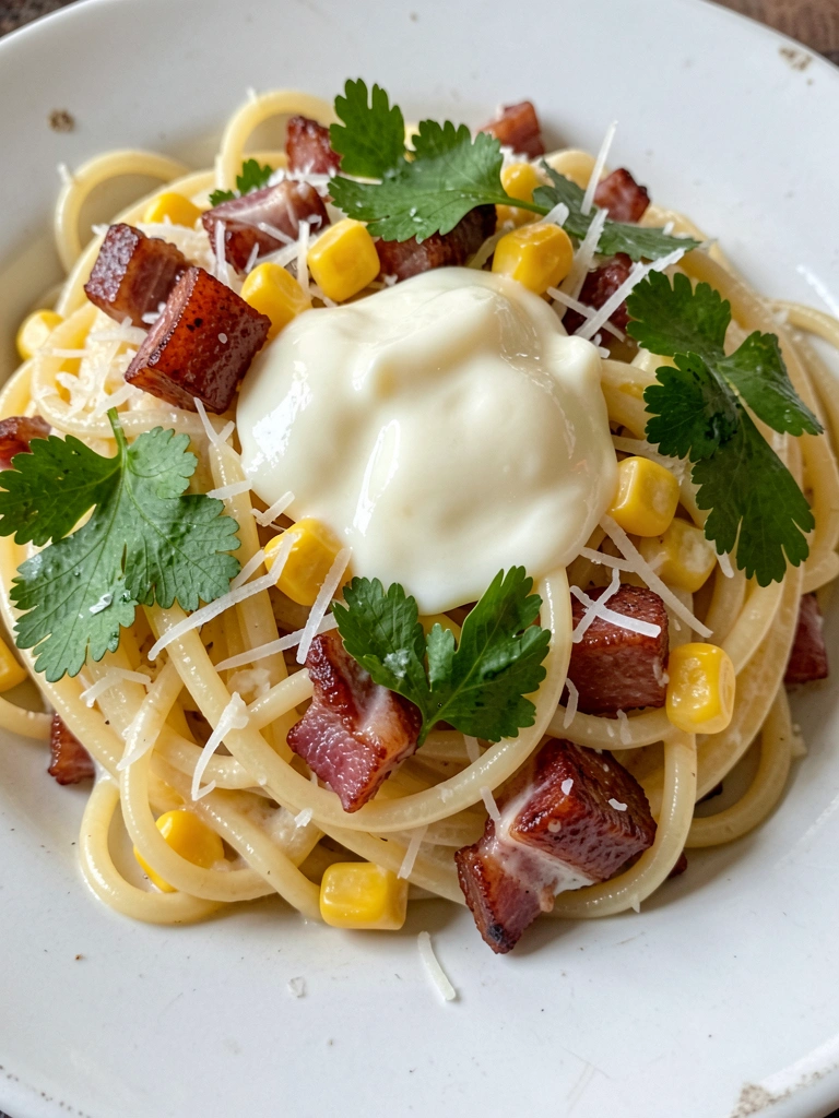Massa coberta por molho cremoso com guanciale crocante, grãos de milho amarelos e folhas de coentro frescas, luz suave destacando texturas.